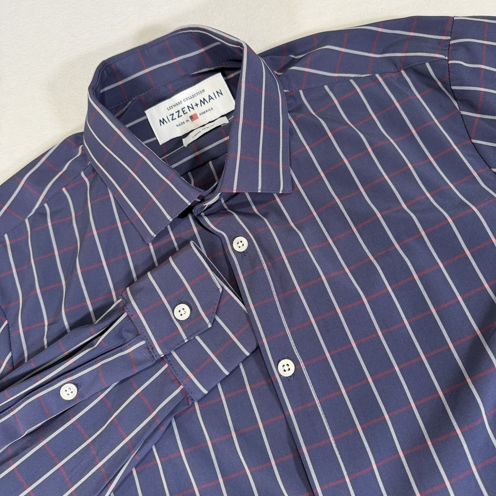 Mizzen+Main Leeward Trim Fit Men's Large Blue Red Plaid Long Sleeve‎ Shirt